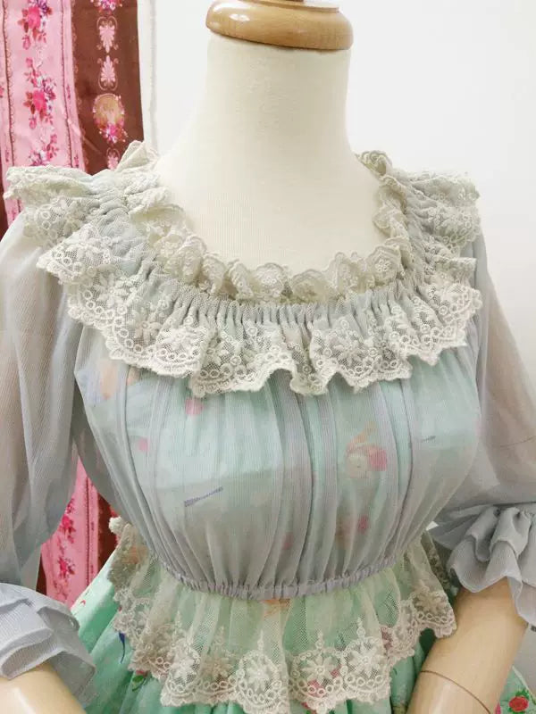 Yilia - Ruffle Neck Crop - Sheer Elbow Sleeve Chiffon Blouse