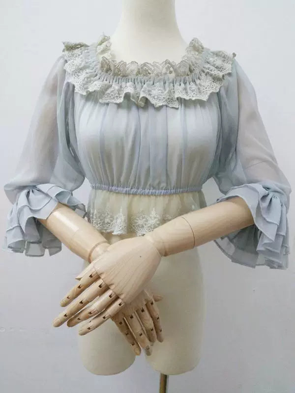 Yilia - Ruffle Neck Crop - Sheer Elbow Sleeve Chiffon Blouse