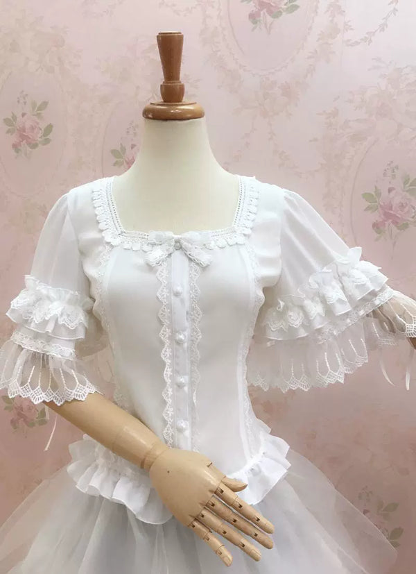 Yilia - Square Neck Frills - Short Hime Sleeve Chiffon Blouse