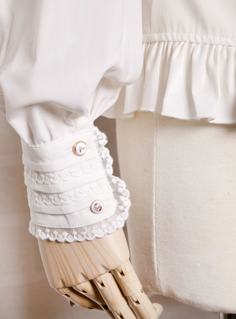 Yilia - Court Frills - Stand Collar Long Sleeve Blouse