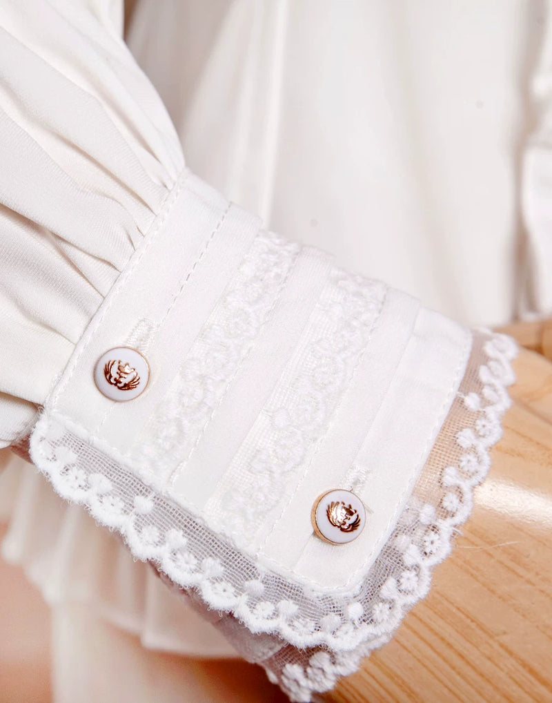 Yilia - Court Frills - Stand Collar Long Sleeve Blouse