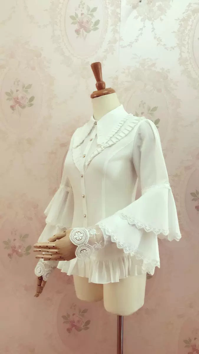 Yilia - Pleated Collar - Tiered Bell Sleeve Blouse