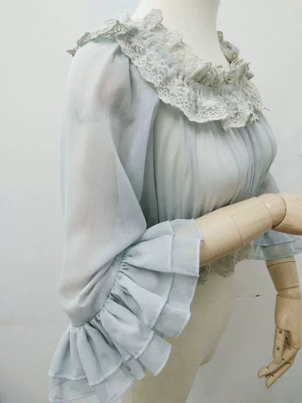 Yilia - Ruffle Neck Crop - Sheer Elbow Sleeve Chiffon Blouse