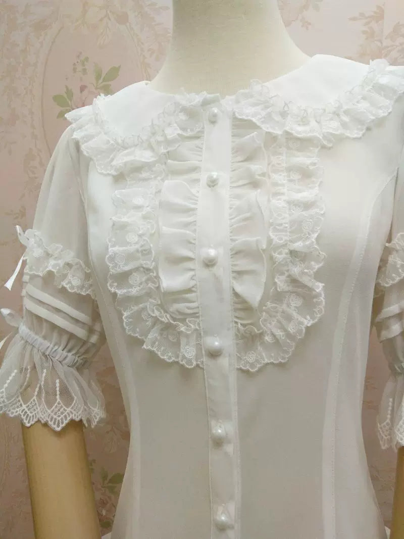 Yilia - Lace Scallop Bib - Peter Pan Collar Bell Sleeve Blouse