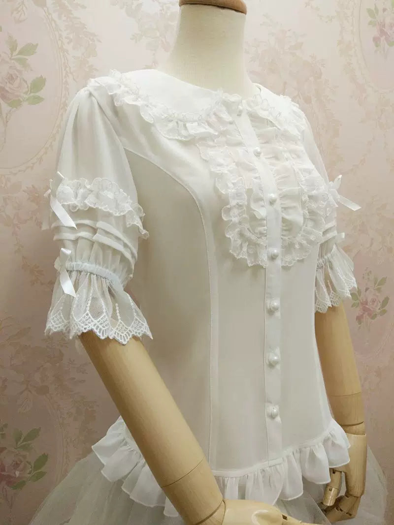 Yilia - Lace Scallop Bib - Peter Pan Collar Bell Sleeve Blouse
