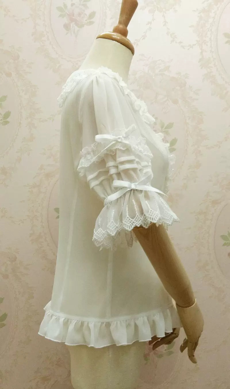 Yilia - Lace Scallop Bib - Peter Pan Collar Bell Sleeve Blouse