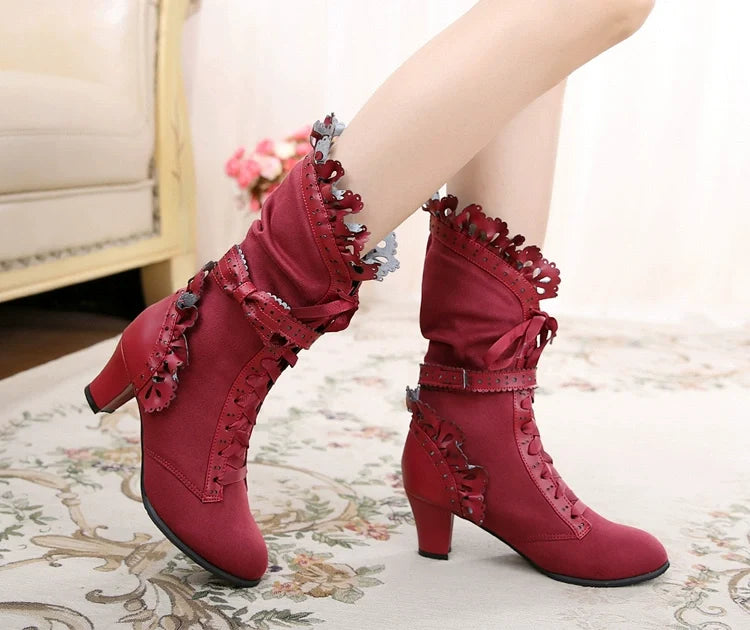 Sosic - Meteorite's Wound - Winter Gothic Lolita Boots Dark Velvet Mid-Calf Heels