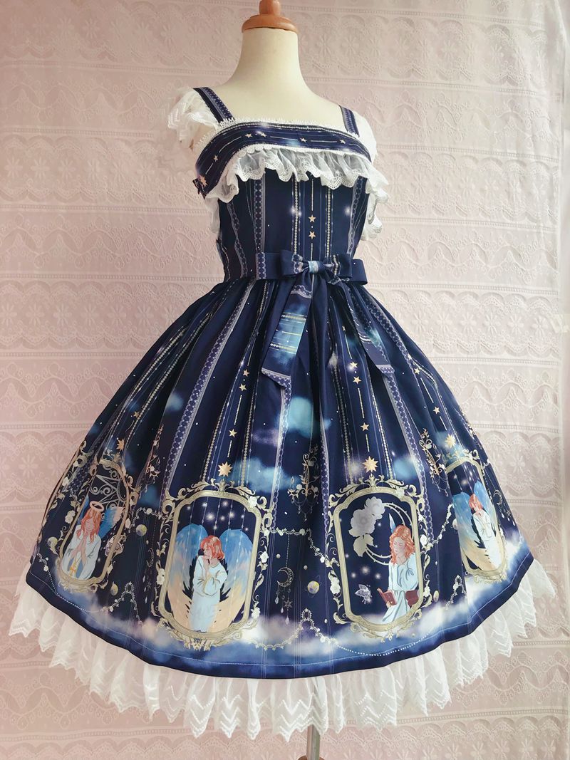 Oriel's Blessing - Angel-themed Printed Lolita Jumper Dress M cyan
