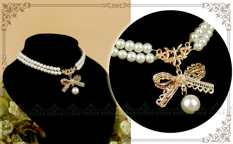 Rose of Sharon - Pearl Chain Lace Bow Lolita Kawaii - Necklace Neckwear
