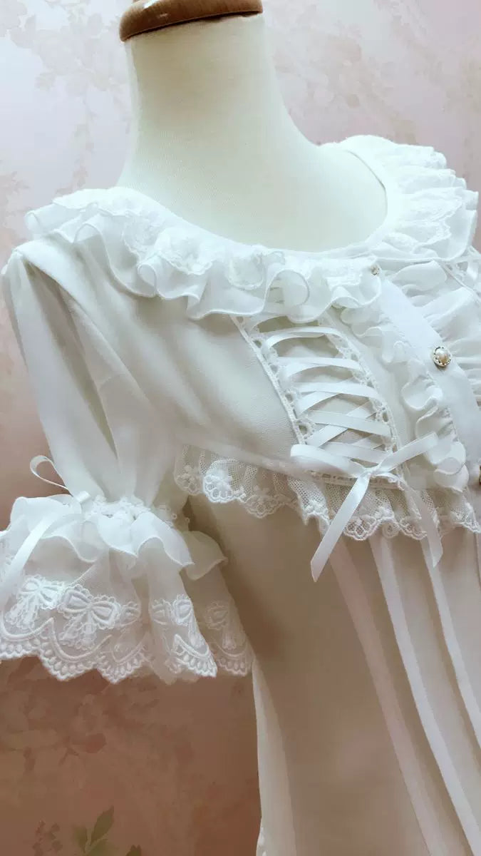 Yilia - Ribbon Lace Bib - Fitted Short Sleeve Chiffon Blouse