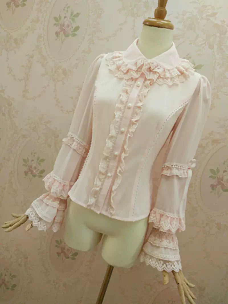 Yilia - Double Ruffle Collar - Small Hime Sleeve Chiffon Blouse
