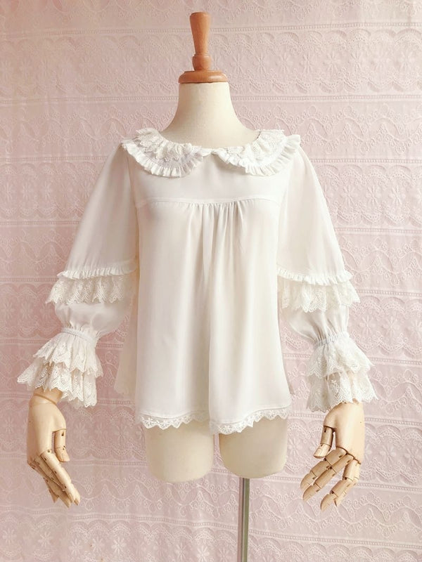 Yilia - Soft Lace Yoke - Loose Three Quarter Sleeve Blouse