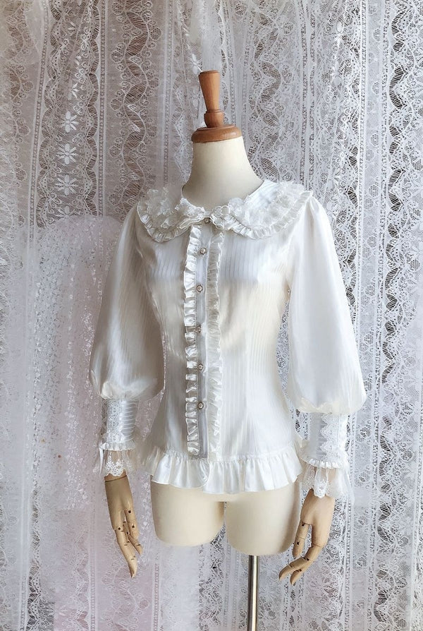 Yilia - Ruffled Button Front - Fitted Peter Pan Collar Long Sleeve Blouse