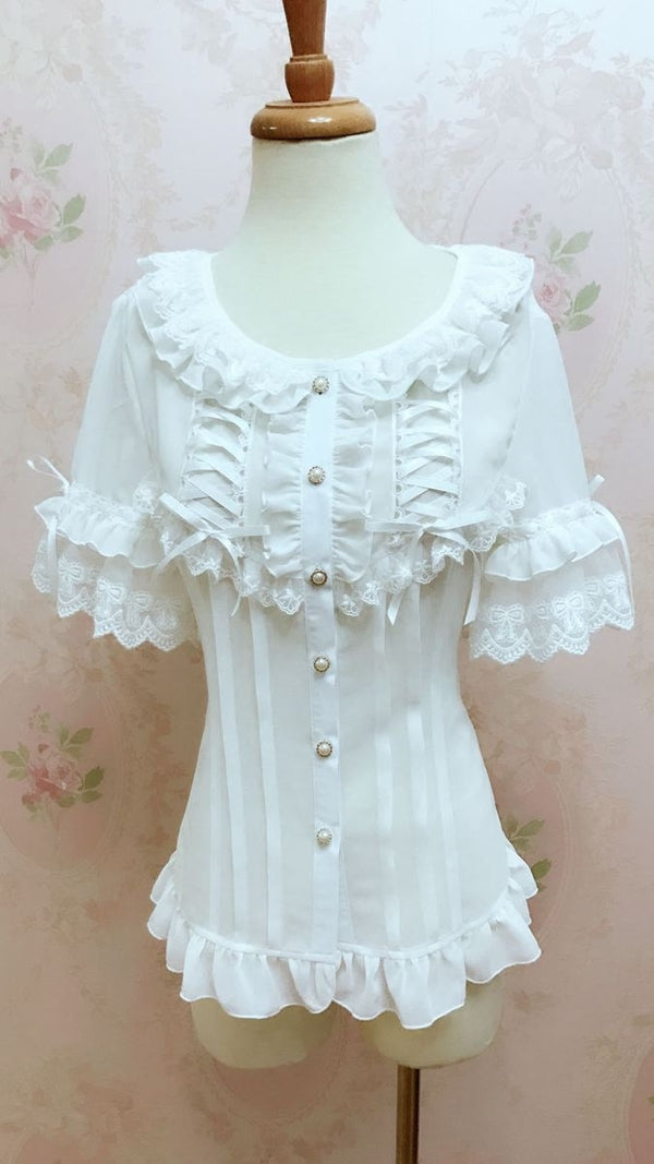 Yilia - Ribbon Lace Bib - Fitted Short Sleeve Chiffon Blouse