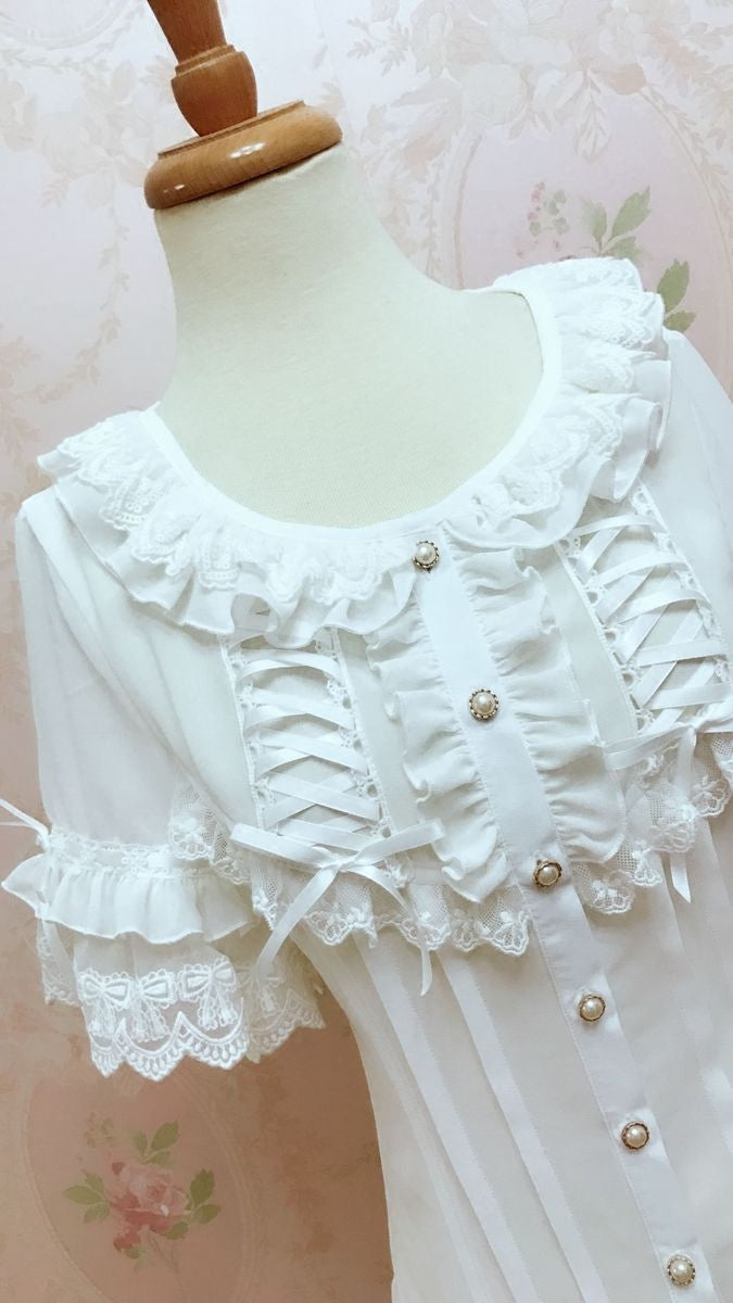 Yilia - Ribbon Lace Bib - Fitted Short Sleeve Chiffon Blouse
