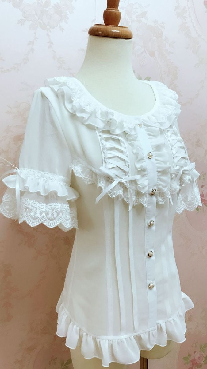 Yilia - Ribbon Lace Bib - Fitted Short Sleeve Chiffon Blouse