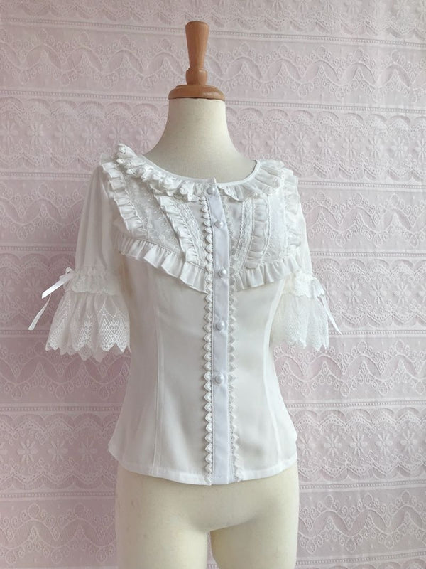Yilia - Lace Yoke Ties - Short Sleeve Chiffon Blouse