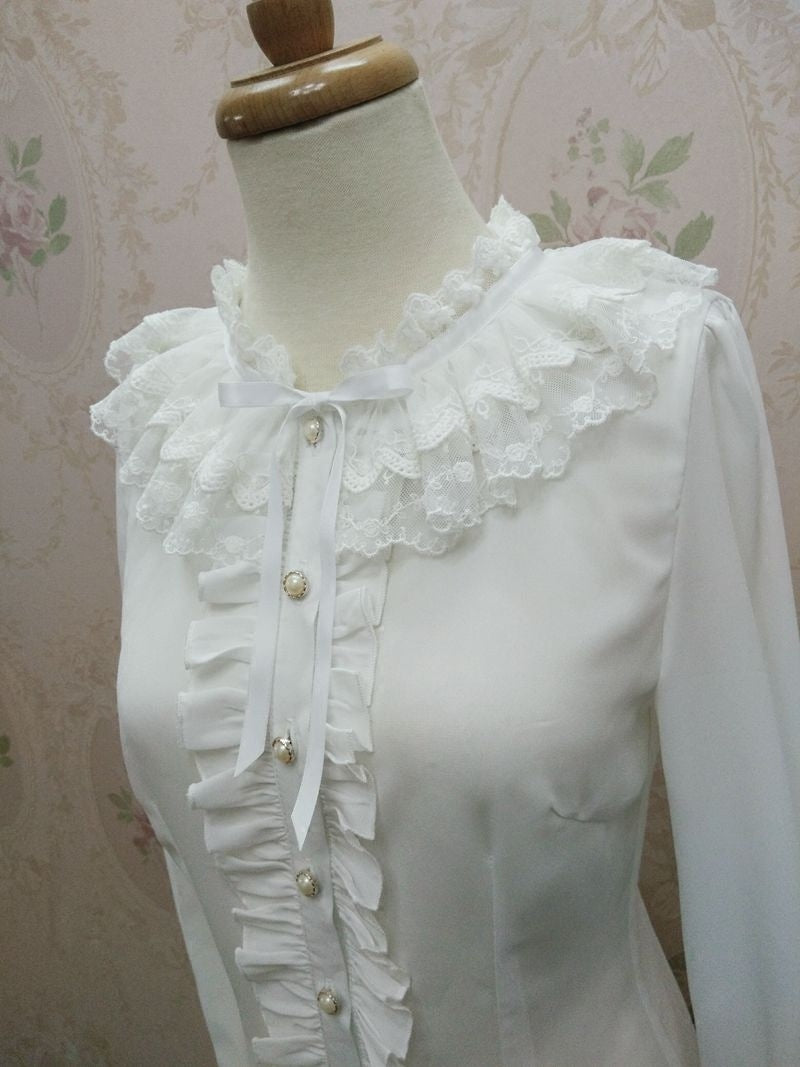 Yilia - Double Lace Collar - Ribbon Cuff Hime Sleeve Blouse
