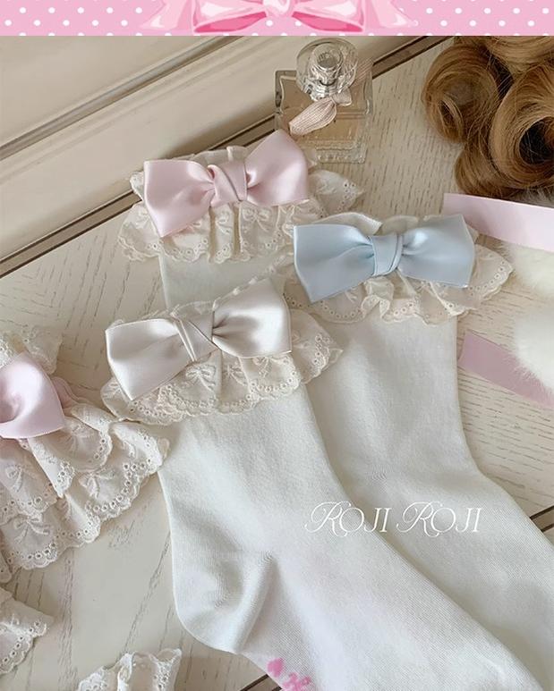 Roji Roji - Cotton Lolita Socks Lace Bow White - Socks Socks