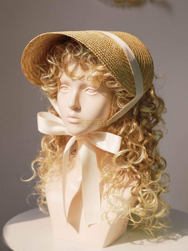 Vintage LolitaFetch straw flat hat with lace strap, handmade French-inspired accessory perfect for vintage and Lolita fashion styles.