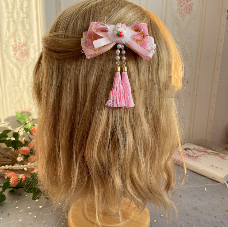 Luoluo Decoration - Han Lolita Rabbit Ears - Light Pink Head Accessory with Bow and Beaded Chain - product detail 10