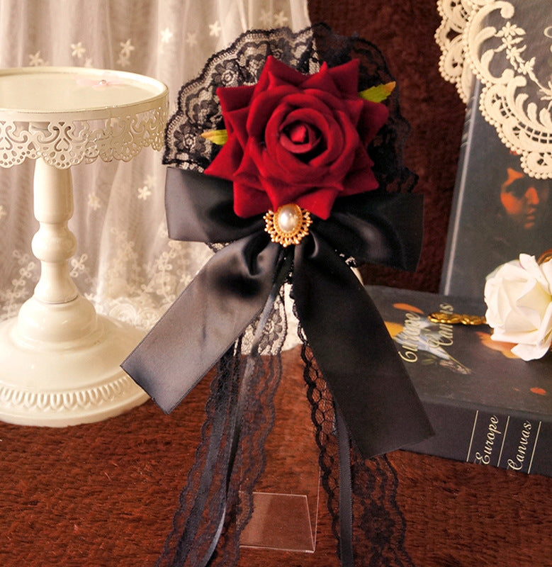 Palace Style Lolita Cla Hair Accessories Velvet Rose Flower Pill Hair Clip gothic Lolita Handmade Dark Dark