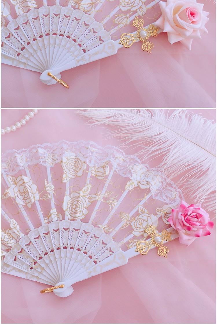 Lolita Lace Fan Gorgeous Retro European Style Rose Folding Fan Tea Party Dark Gothic Comic Con Cosplay Prop