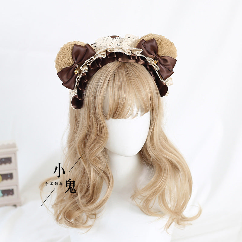 Coffee Color Lolita Bear Ear Headband KC - Bow & Lace Cute Girl Hair Accessory