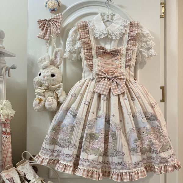 Teddy Picnic Bear Print Sweet Lolita JSK Dress - front view