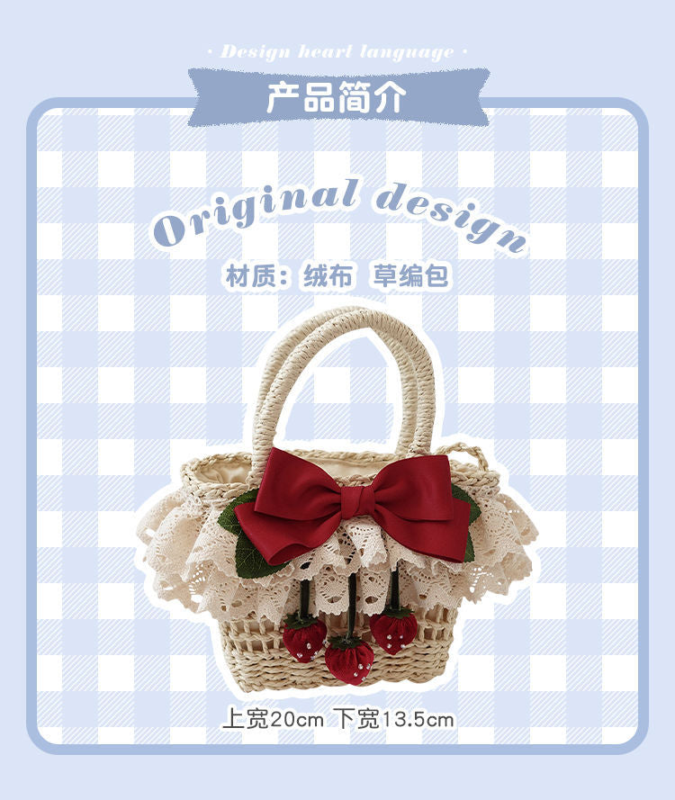 Lolita Bag for Women 2022 New Strawberry Flower on the Hill Handmade Small Item Lolita Spring Outing Straw Bag - Lolita Fetch