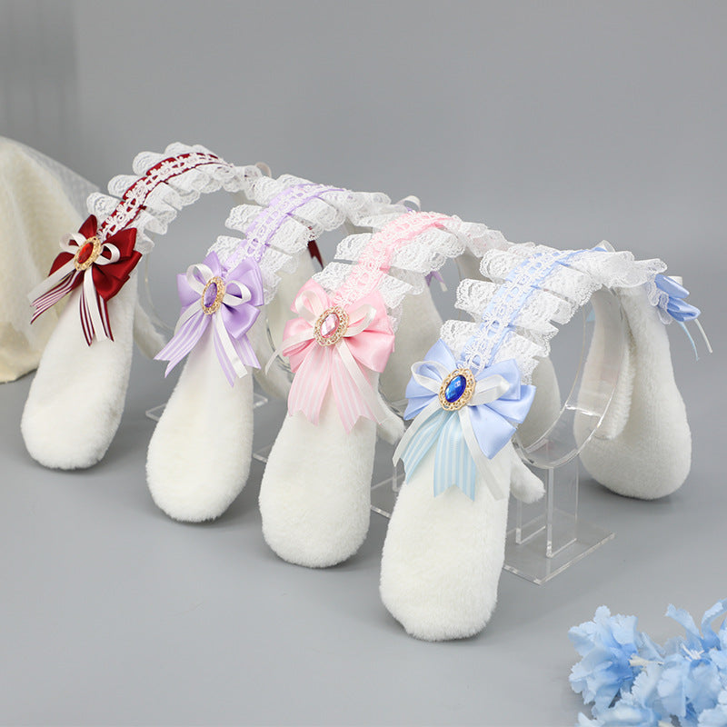 Handmade Plush Hair Accessories Bow Lace Ribbon Hair Ornament Cosplay Party Animal Ears Lolita Bunny Ear Headband - Lolita Fetch