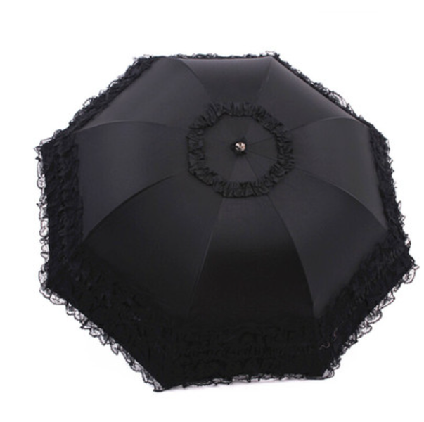 Pink lace-ruffled Lolita parasol shown open