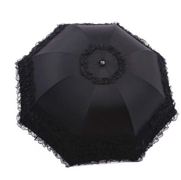 Pink lace-ruffled Lolita parasol shown open
