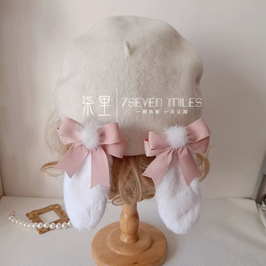 Long-Eared Rabbit  Beret Handmade Bow Lolita Girl Sweet Cute Woolen Hat for Women