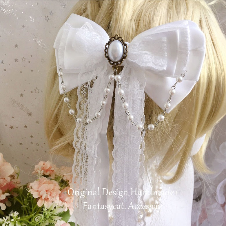 Subculture Lolita Girl Hair Clip Bow Ribbon Fairy Hair Accessory Lolita Bead Chain Hairpin Side Clip Top Clip