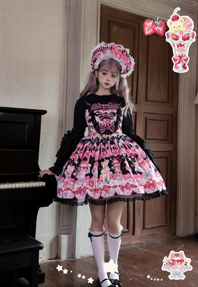 Cat Upon Cat - Strawberry Parfait - Strawberry-Print Lolita Dress with Lace-Trimmed Bows - option image