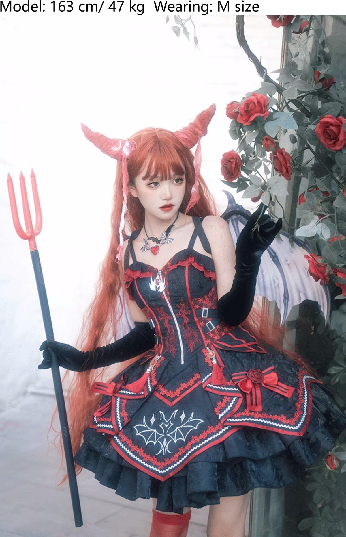 OCELOT - Dark Bat Motion - Black-and-Red Gothic Lolita JSK Dress with rose and cross embroidery - product detail 7