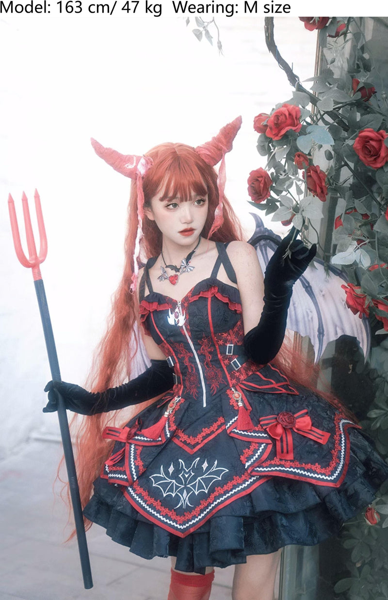 OCELOT - Dark Bat Motion - Black-and-Red Gothic Lolita JSK Dress with rose and cross embroidery - product detail 7