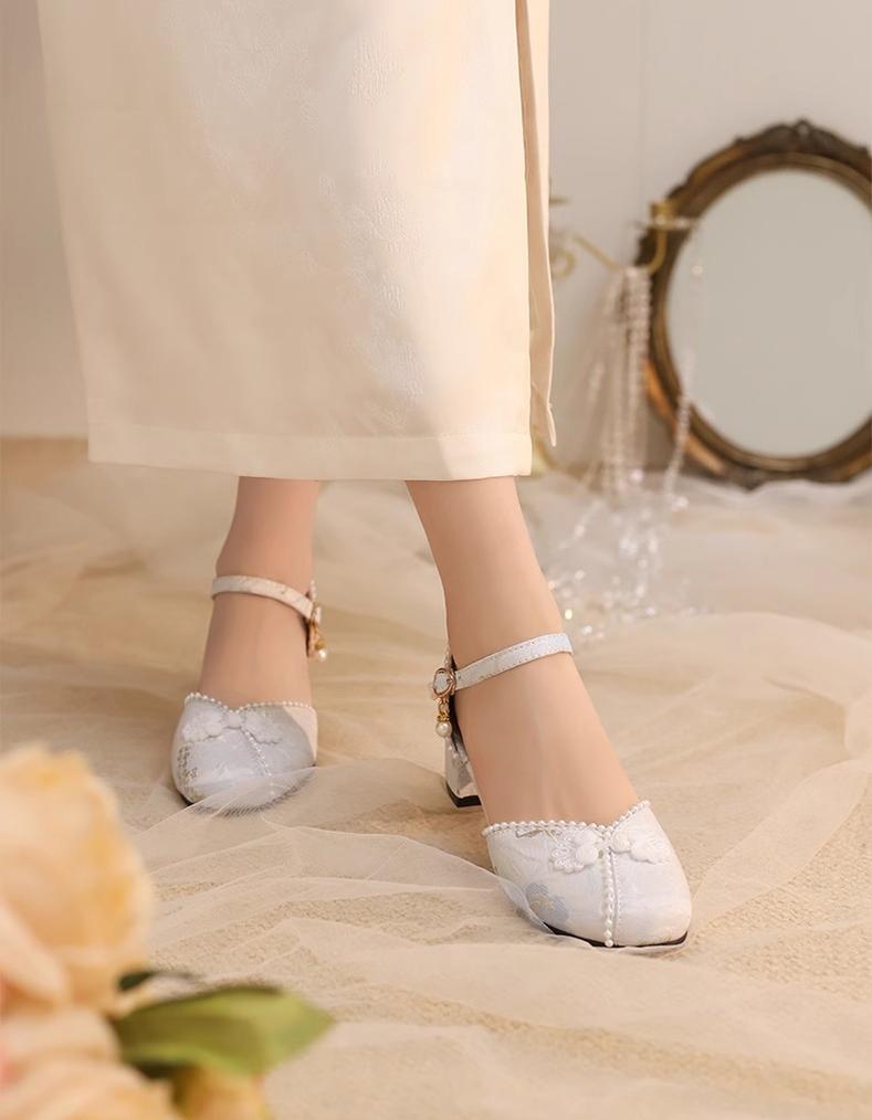 Yana - Heart Jade Yana - Pink, beige or blue Qi Lolita shoes with woven floral design and pearl ankle strap - product detail 8