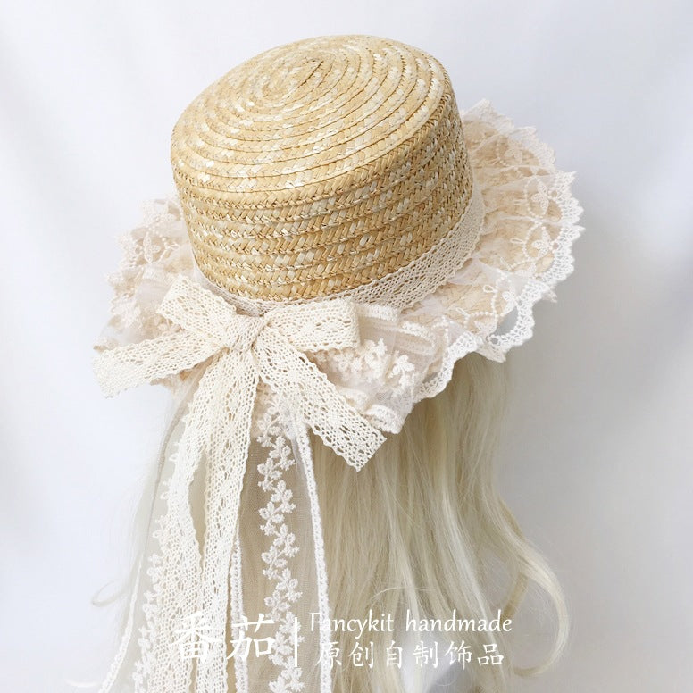 FanQ Handmade [Xuanxia] Mori Girl Style Bowknot Straw Hat Lolita Natur