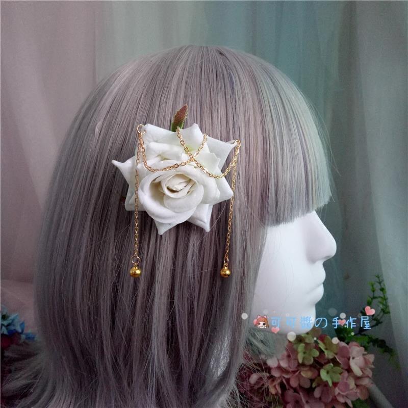 Lolita Rose Hair Clip Chain Bell Handmade DIY Handcraft Gay Hair Accessory Dark Gothic Cosplay Comic Exhibition Hair Accessor