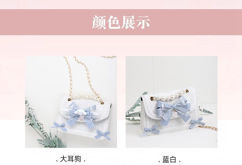 LolitaFetch character motif Lolita handbag featuring Kuromi and Cinnamoroll with lace accents on a stylish bag.