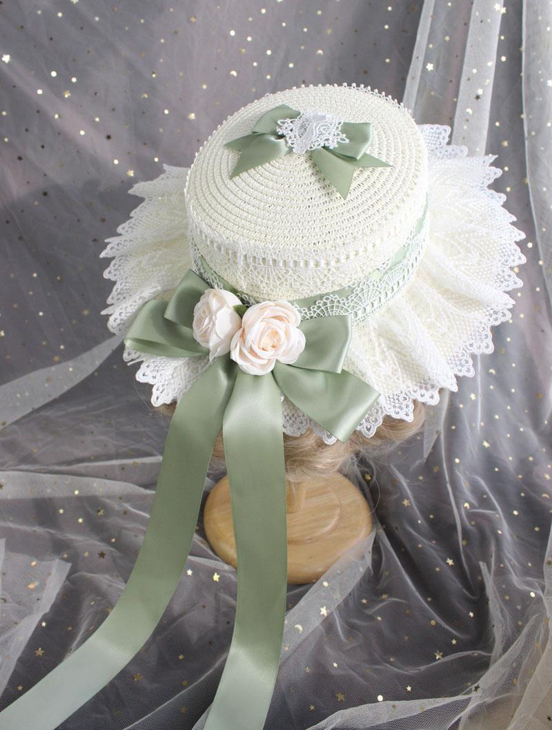 Lolita Straw Hat Mori Style Sweet Bowknot French Girl Flower Sun Hat Lolita Flat Top Hat Straw Hat