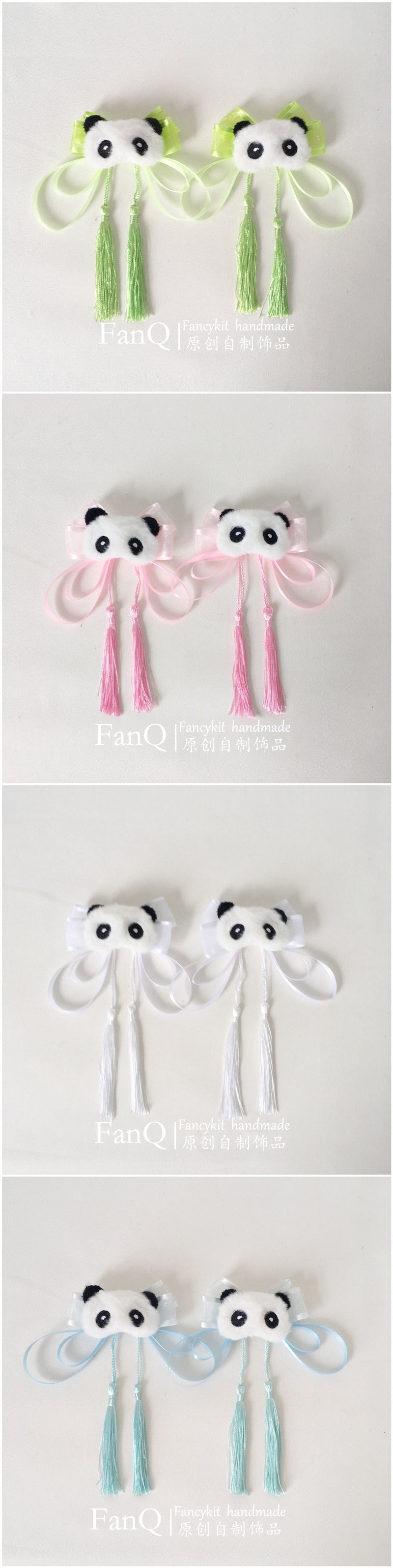 FanQ Handmade Mori Style Lolita Green Gauze Little Panda Bow Tassel Hair Accessory