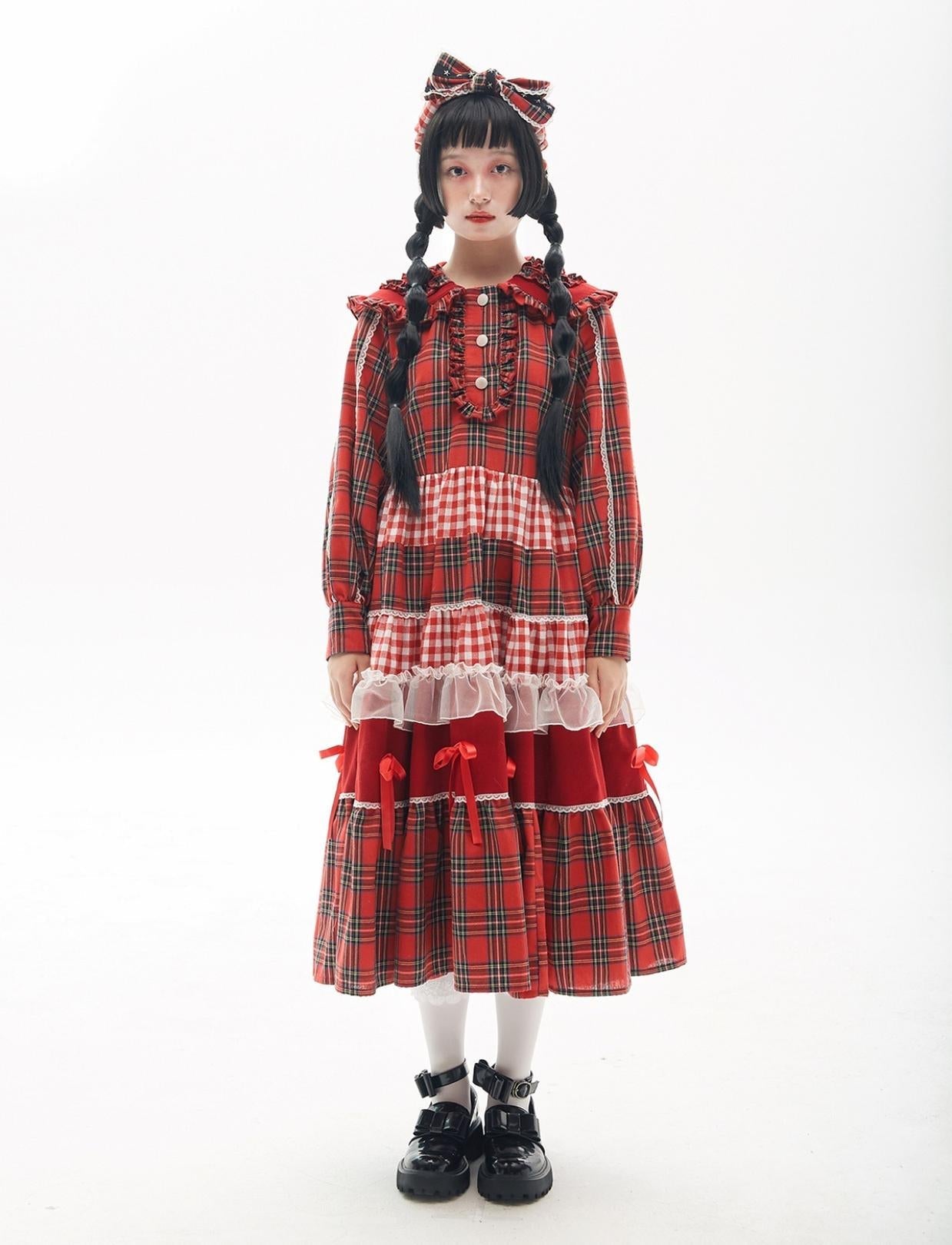 SOS MEME CLUB - Vintage Plaid - Red Vintage Lolita OP dress with a doll collar - product detail 9