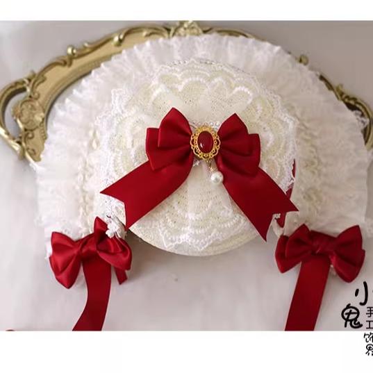 Xiaogui - Sweet Lolita Hat Strawberry Bonnet - with Lace and Bow Headwear