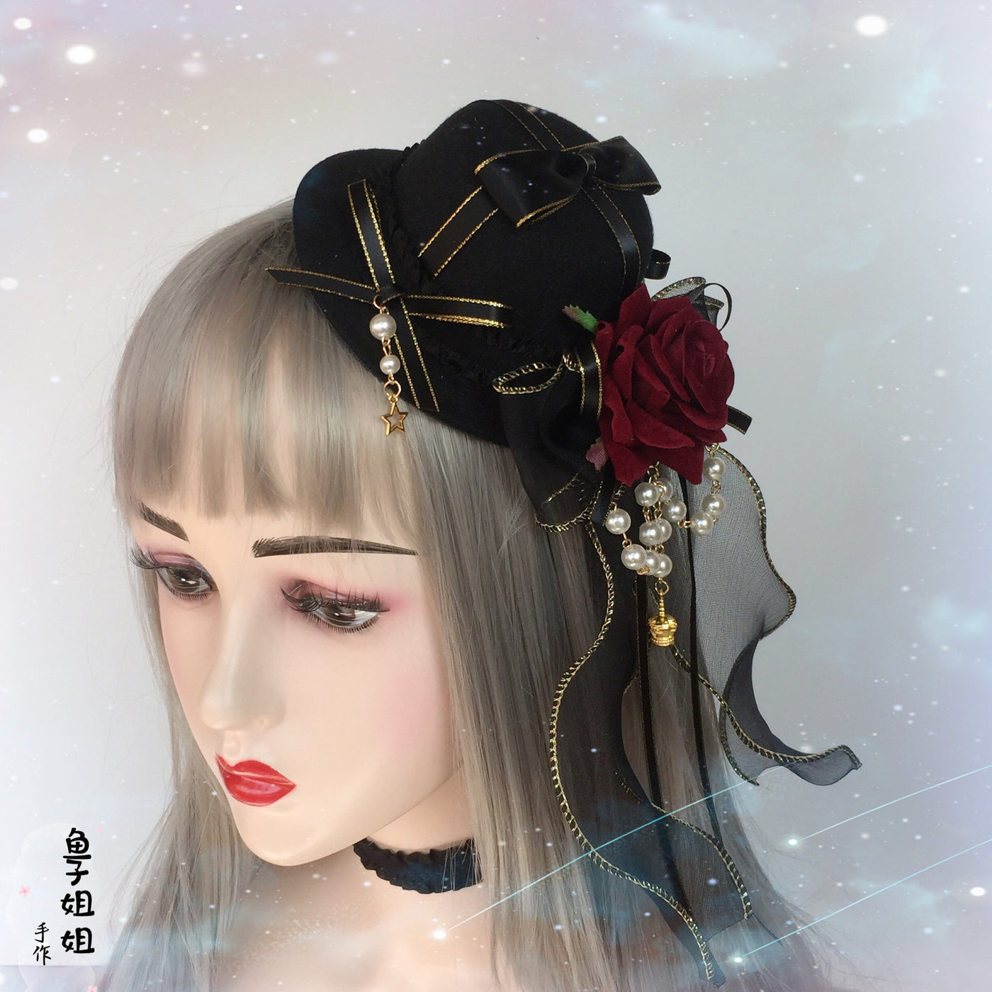 Lolita Hat Small Item Handmade Gothic Versatile Lolita Cyan Burgundy Flower Pill Crown Headwear