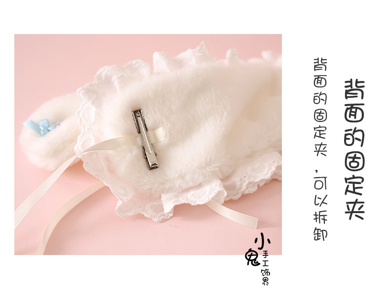 LolitaFetch plush bunny ear headband with angel wings, cute Lolita subculture accessory, featuring soft plush material and detailed design.