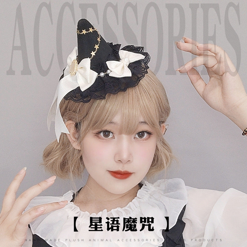 Gothic Magical Girl Hairpin Lolita Hair Accessories Halloween Comic Con Hair Clip Lace Bow Headdress Witch Hat
