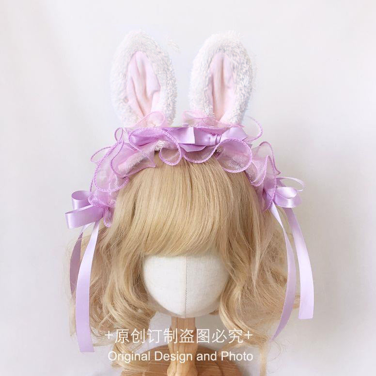 Lolita Handmade Ribbon Bunny KC Sweet Cute Bowknot Bunny Ear Headband Lolita Ruffled Hair Accessory Headwear - Lolita Fetch